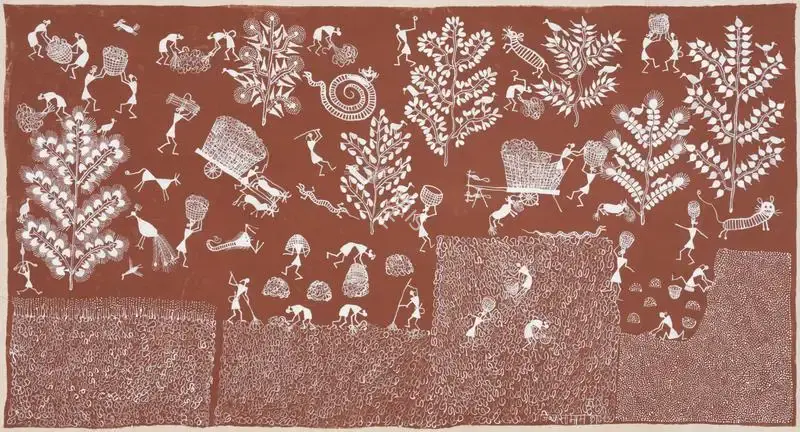 Mashe, Jivya Soma (Artist). Untitled (Harvest Days) (Warli Painting). Acrylic and geru on raw canvas, n.d. | Painting | FineArts | 00417626