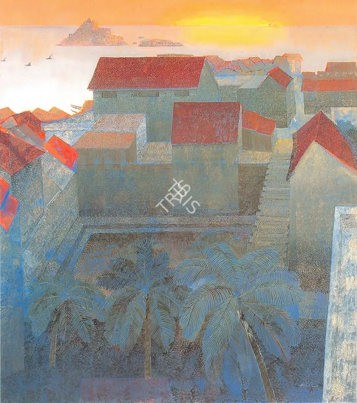 Bendre, N.S. (Artist). Sunrise at Vivekanand Rock - Kanyakumari. Oil on canvas, 1986 | Painting | FineArts | 00374302