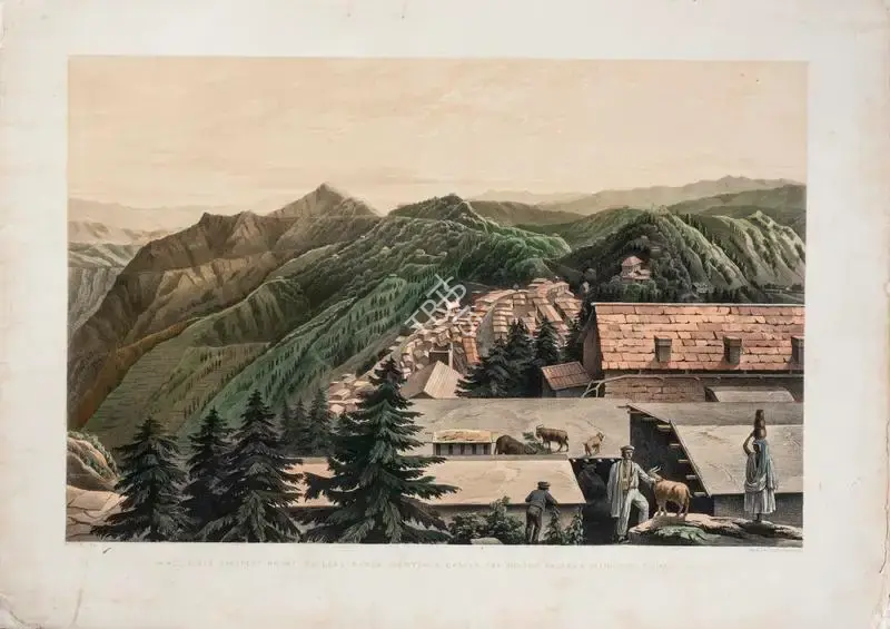 Picken, T. (Lithographer). Simla Prospect Point, Boileau-Gunge, Bentinck Castle, the Suddur Bazaar and unfinished Church - Sunrise, circa 1852 | Lithograph