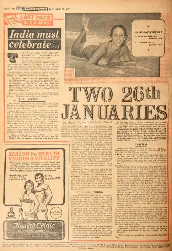Abbas, Khwaja Ahmad (Columnist). India Must Celebrate…Two 26th Januaries. In Blitz - India's Greatest Weekly. p. 40. Bombay: R.K. Karanjia, 22 January 1977 | Essay | CinemaEducation | 00465819