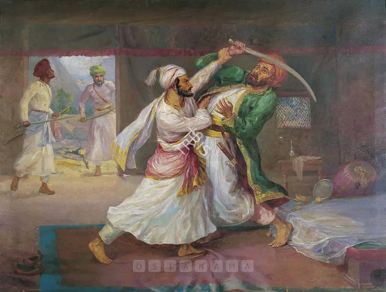 Muller, A.H. (Artist). Shivaji Killing Afzal Khan. Oil on canvas, 1912-1915 | Painting  | 00877509