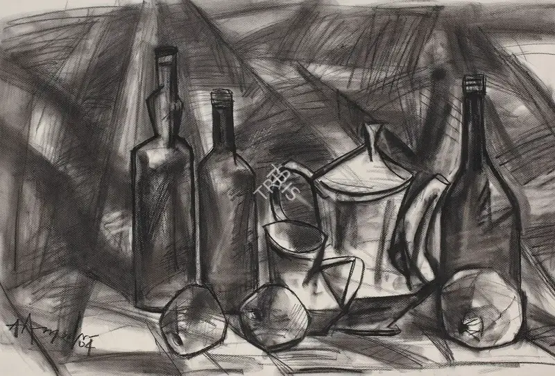 Adimoolam, K.M. (Artist). Jugs, Bottles and Fruits- I. Charcoal on acid free paper, 2004 | Drawing | FineArts | 00646251