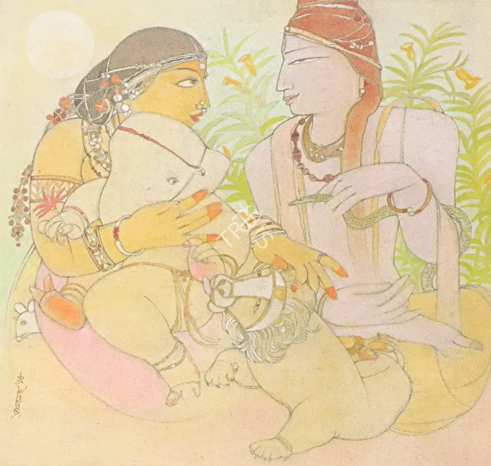 Bandopadhyay, Ramananda (Artist). Shiva, Parvati and Ganesha with a lion cub, 1998 | Painting