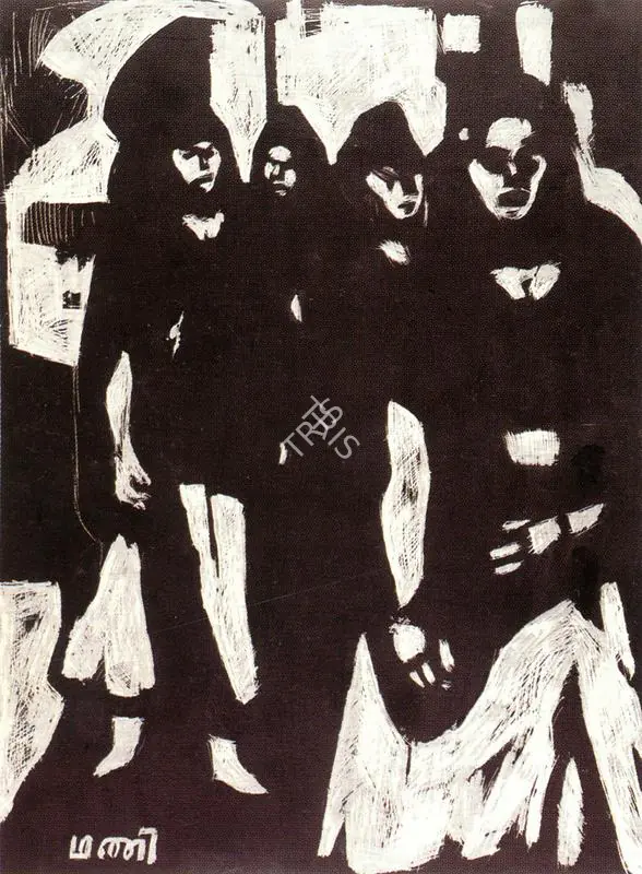 Subramanyan, K.G. (Artist). Jangpura Women. Drawing on Scraper Board , 1950 | K.G. Subramanyan, 2003 | Drawing | FineArts | 00566230