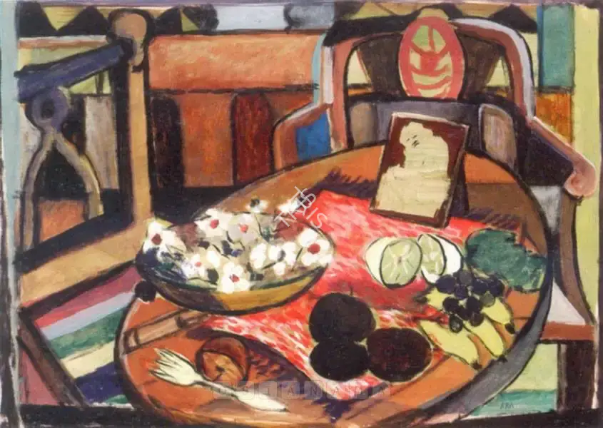 Ara, K.H. (Artist). Still Life Of Fruit And A Bowl Of Flowers On A Table, n.d. | Painting
