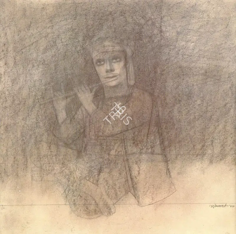 Pyne, Ganesh (Artist). The Flute Player. Mixed media on paper, 1988 | Painting | FineArts | 00373500