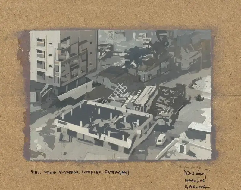Sharma, Nataraj (Artist). View from Emperor Complex Fatehganj. Watercolour on mylar laid on board, 2008 | Painting | EconomicsArt | 00869849