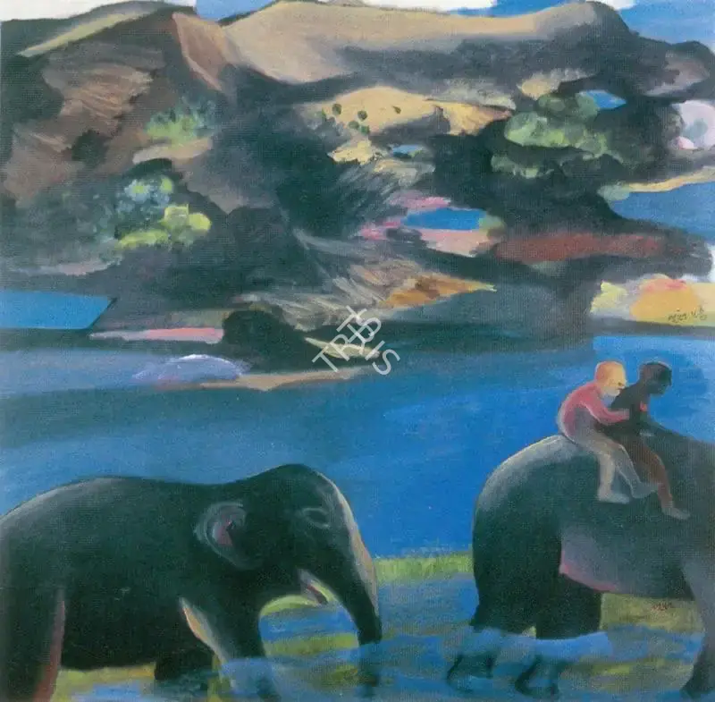 Khakhar, Bhupen (Artist). Two Men on an Elephant, 1993 | Painting