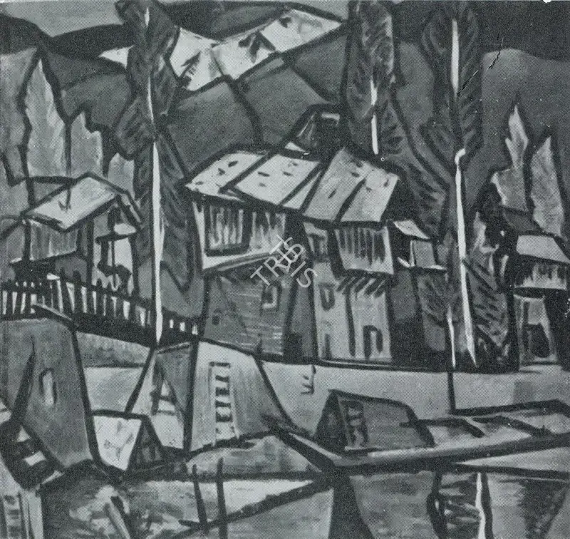 Kaul, Triloke (Artist). Huts and Poplars. n.d. | Marg, March 1955 | Painting | FineArts | 00674174