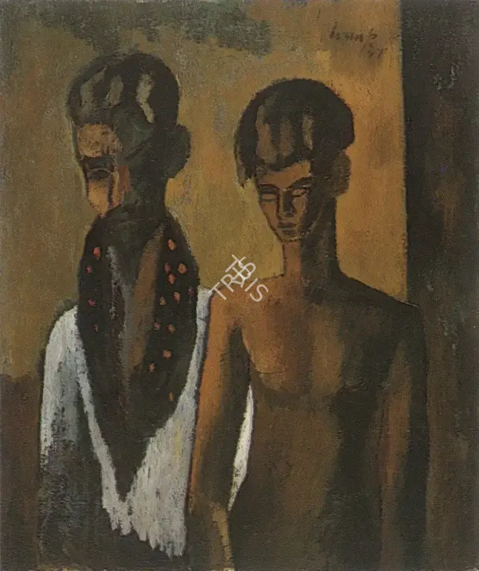 Peries, Ivan (Artist). Two Figures Standing, One with Spotted Scarf. Watercolour on paper, 1947 | Painting  | 00877100