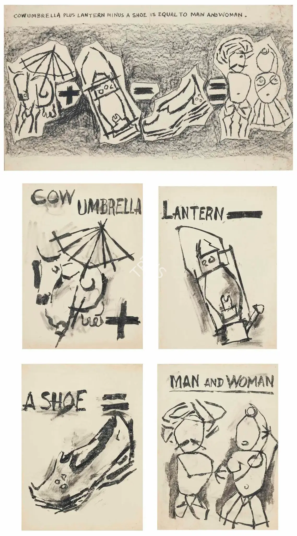 Husain, M.F. (Artist). Cow Umbrella plus Lantern minus a Shoe is equal to Man and Woman, c.1967 | Graphic Art