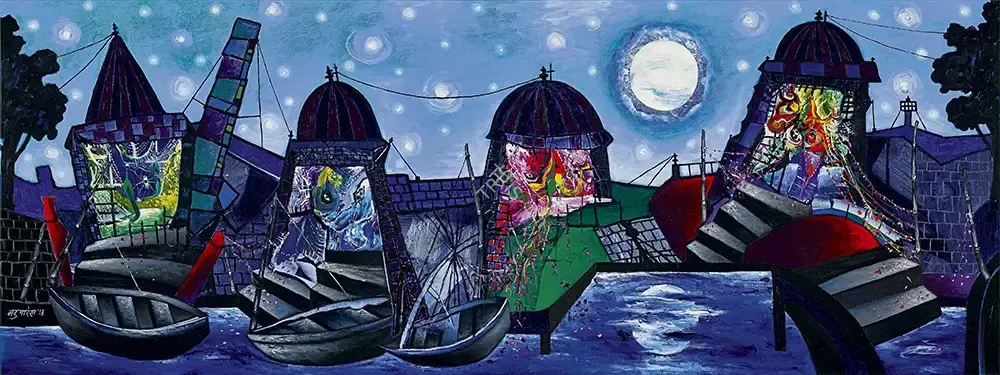 Parekh, Manu (Artist). Moonlight Night At Banaras, 2018 | Painting