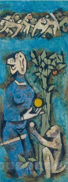 Husain, M.F. (Artist). Blue Woman With Monkey, n.d. | Painting