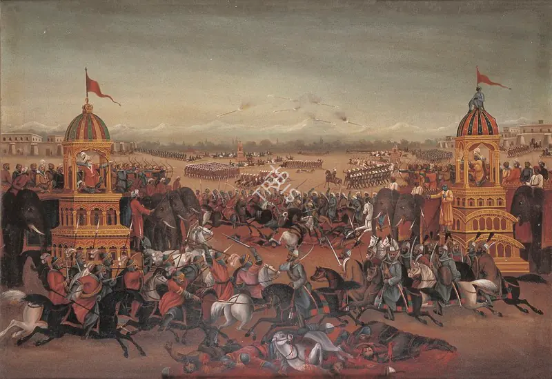 Unknown European Artist (Artist). Bhisma & Arjuna in Battle, From the Mahabharata. Oil on canvas, 1908-1910 | Painting | FineArts | 00599402