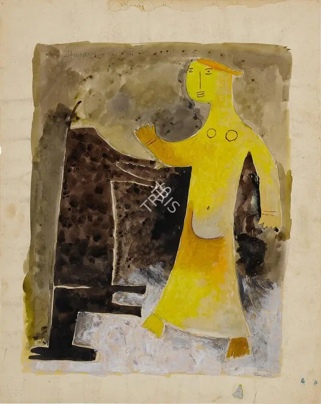 Husain, M.F. (Artist). Untitled (Yellow figure with Donkey), c.1950s | Painting
