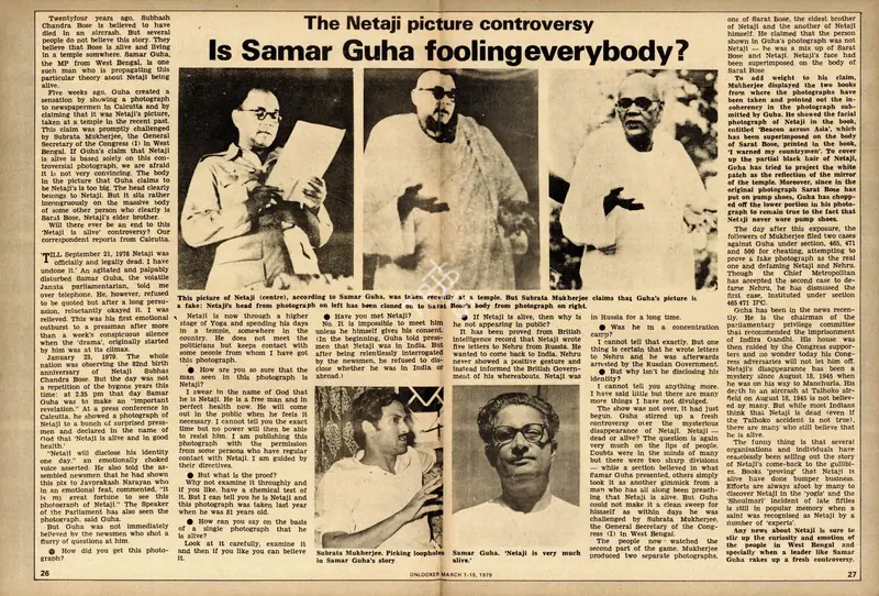 Kar, Partha Sarathi (Essayist). The Netaji Picture Controversy - Is Samar Guha Fooling Everybody?. In Onlooker - National News Magazine. 41(5), pp. 26-28. Bombay: Publicity Society of India, 15 March 1979 | Essay | SeekJustice | 00798760