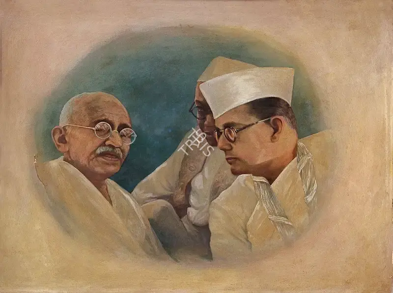 Khosa, Somnath (Artist). Gandhiji & S.C. Bose at Haripura Conference, 1938, c.1958 | Painting