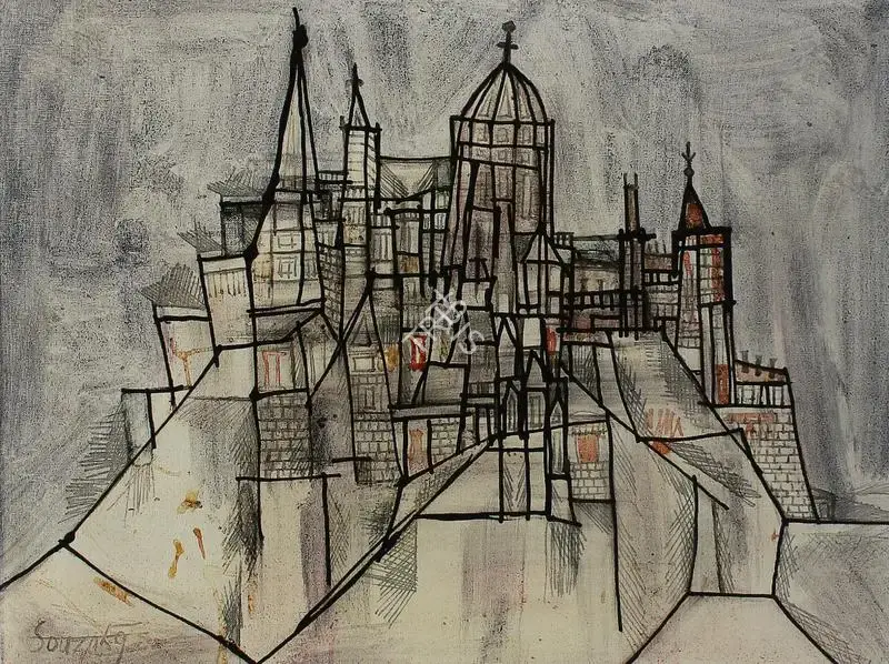 Souza, F.N. (Artist). Landscape with Buildings, 1959 | Painting