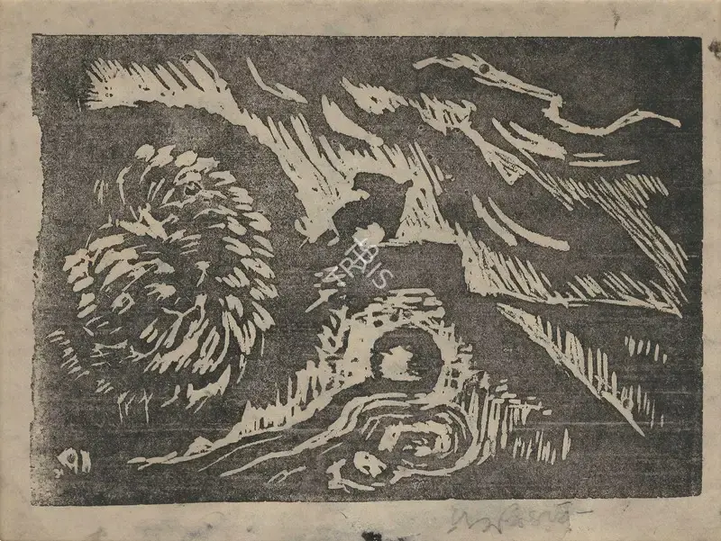 Baij, Ramkinkar (Artist). The Storm. Linocut on paper, mid 1940s | Graphic Art | FineArts | 00362245