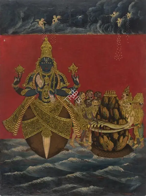 Tanjore School (Artist). Mahabharata Series: Samundra Manthan. Mixed media & gold leaf on board, n.d. | Painting | FineArts | 00595434