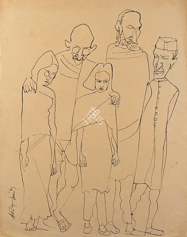 Adimoolam, K.M. (Artist). Morning Walk: Gandhiji, Khan Abdul Ghaffar Khan & Jawaharlal Nehru, 1969 | Drawing
