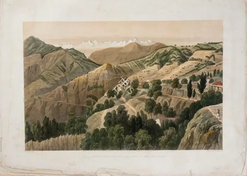 Picken, T. (Lithographer). Mission Bungalow and School House at Khotghur - Sunset, circa 1852 | Lithograph
