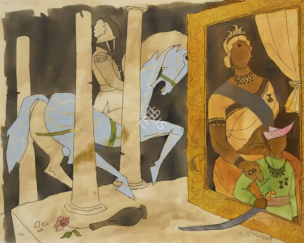 Husain, M.F. (Artist). Rajmata With The Crown Prince And Bodyguard, 1986 | Painting