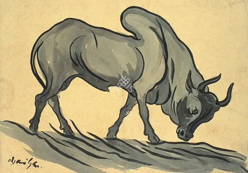Sen, Abani (Artist). Ox. Watercolour on paper, n.d. | Painting | FineArts | 00646839