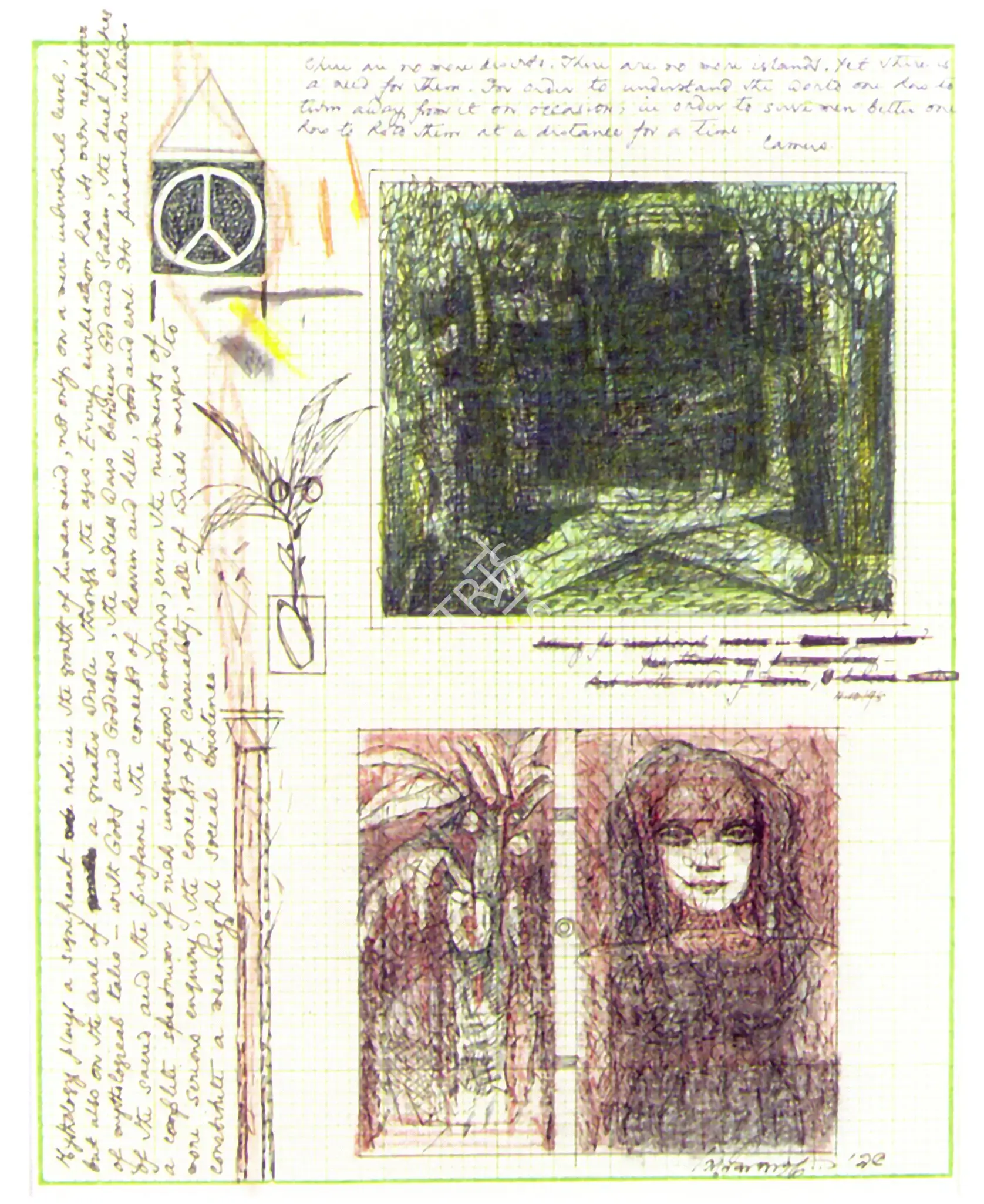 Pyne, Ganesh (Artist). Sketch Of A Lady, A Plant And A Yogi With Subsidary Sketches, n.d. | Graphic Art