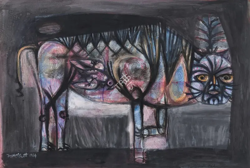 Bhatt, Jyoti (Artist). Cat with a Parrot in her Tummy, 1964 | Painting