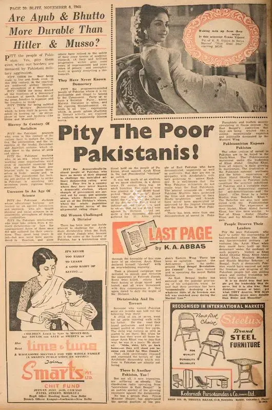 Abbas, Khwaja Ahmad (Columnist). Pity the Poor Pakistanis !. In Blitz - India's Greatest Weekly. p. 20. Bombay: R.K. Karanjia, 06 November 1965 | Essay | CinemaEducation | 00465454