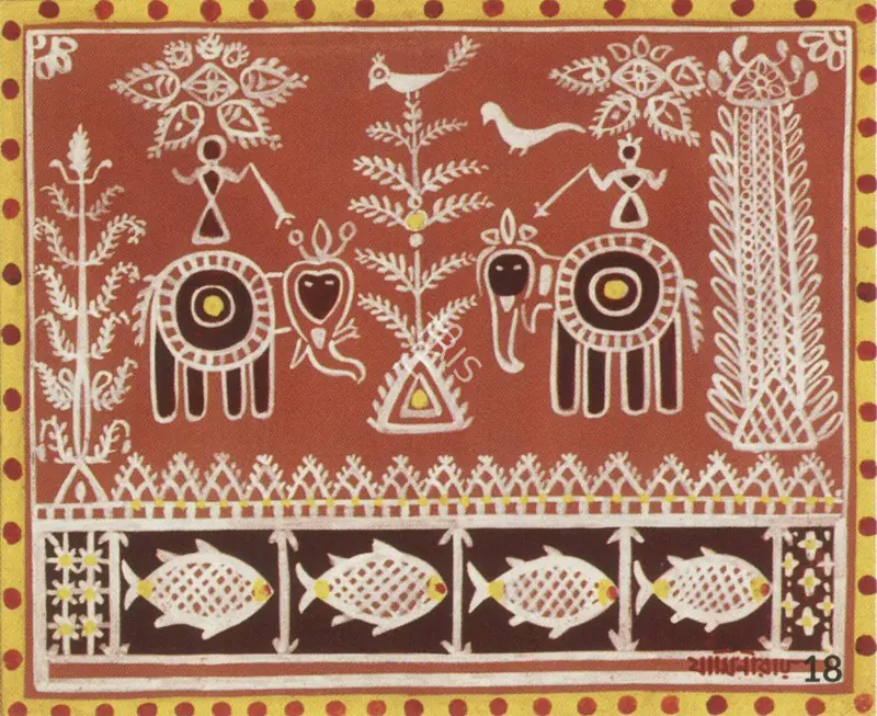 Roy, Jamini (Artist). Alpona with Elephants. Tempera on Paper, n.d. | Marg, December 2022 - March 2023 | Painting | FineArts | 00675411