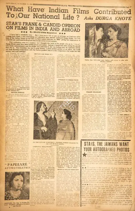 What Have Indian Films Contributed to Our National Life ?. In Blitz - Asia's Foremost News Magazine. p. 17. Bombay: R.K. Karanjia, 23 October 1948 | Film Review | CinemaEducation | 00143666