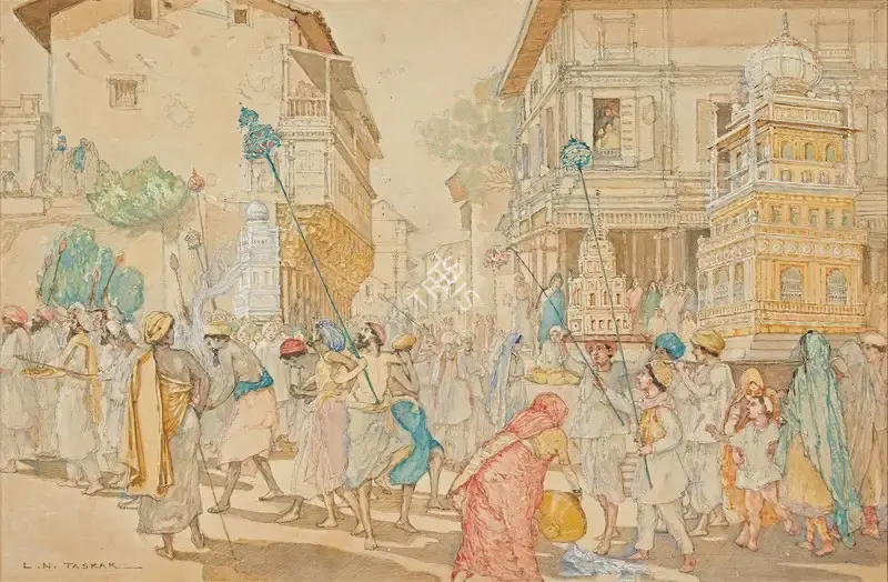 Taskar, L.N. (Artist). Procession. Pencil and watercolour on paper laid on card, n.d. | Painting | FineArts | 00603297