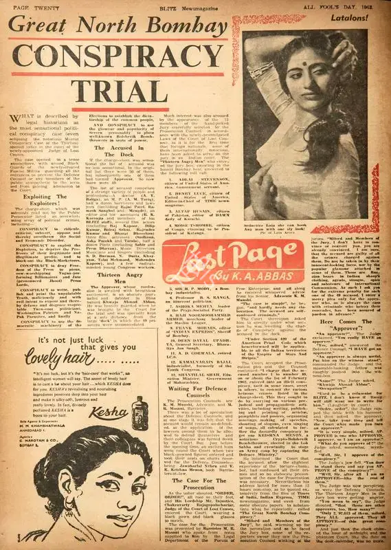 Abbas, Khwaja Ahmad (Columnist). Great North Bombay Conspiracy Trial. In Blitz - Hindi Sanskaran. p. 20. Bombay: R.K. Karanjia, 31 March 1962 | Essay | CinemaEducation | 00464690