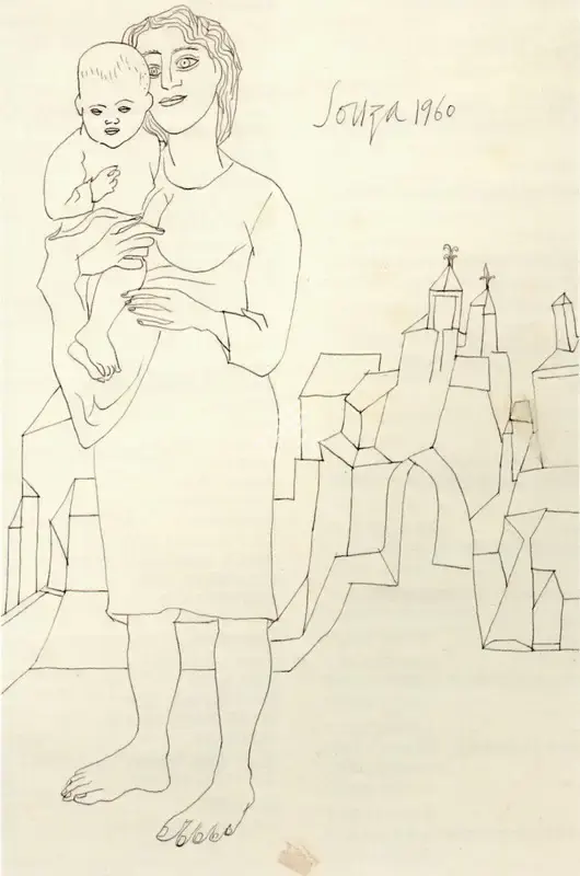 Souza, F.N. (Artist). Untitled (Woman and child against a cityscape), 1960 | Drawing