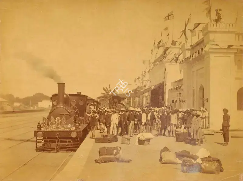 Dayal, Lala Deen (Photographer). Royal Train "Arrival" - From the album 'H.R.H. Prince Albert Victor's Visit Hyderabad (Deccan) November 1889. Lala Deen Dayal State Photographer, Secunderabad and Indore O.I.'. Albumen print pasted on mount, November 1889 | Antiquarian Photograph | Photography | 00115320