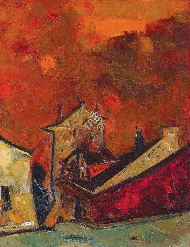 Raza, S.H. (Artist). Village au Ciel Orange, c.1956 | Painting