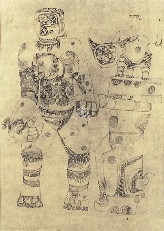 Gujral, Satish (Artist). Cat & Woman, 1967 | Drawing