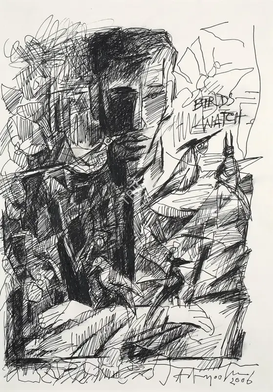 Adimoolam, K.M. (Artist). Birds Watch. Pen and ink on paper, 2006 | Drawing | FineArts | 00577185