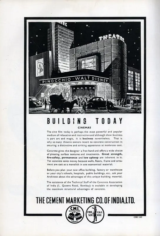 The Cement Marketing Company of India (Advertiser), Pinocchio, 1940. Building Today - Cinemas | Advertisement, 1947