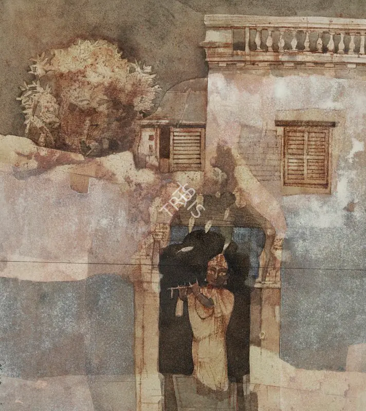 Pyne, Ganesh (Artist). Untitled (Krishna with Flute). Ink and tempera on paper, 1979 | Painting | FineArts | 00596083