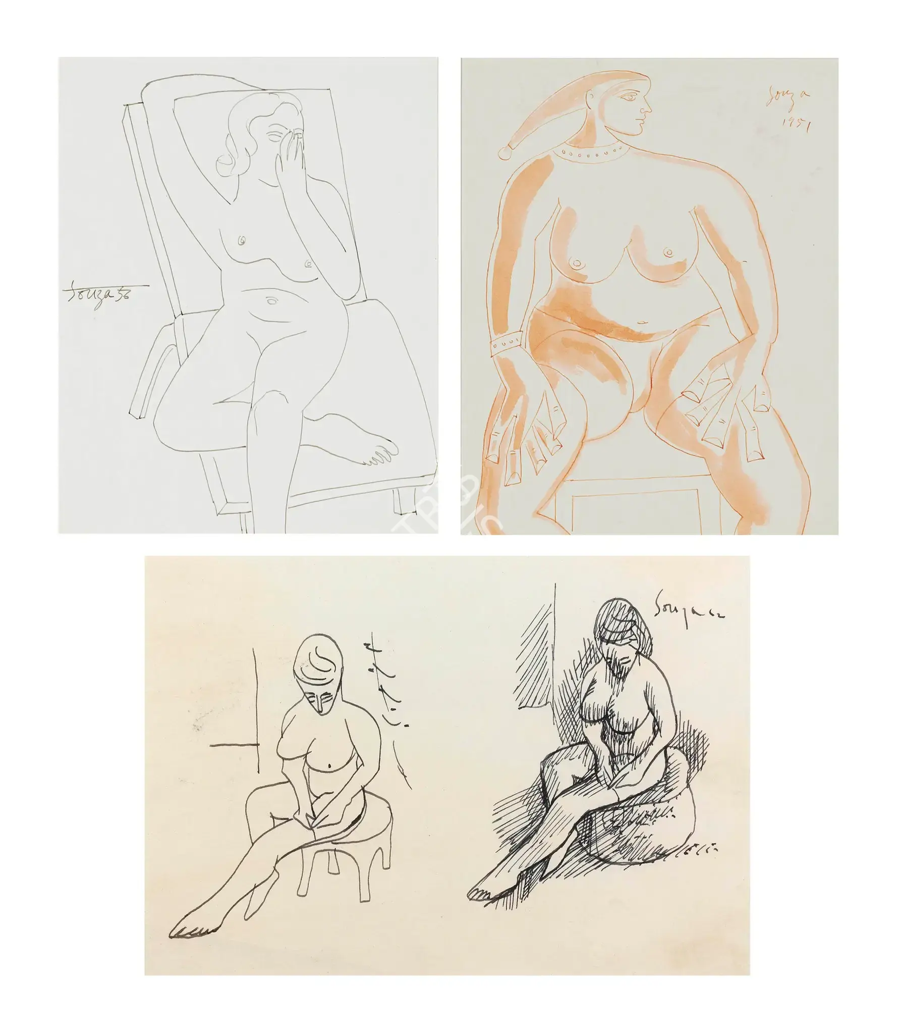 Souza, F.N. (Artist). Untitled (Reclining Nude), 1956 | Drawing