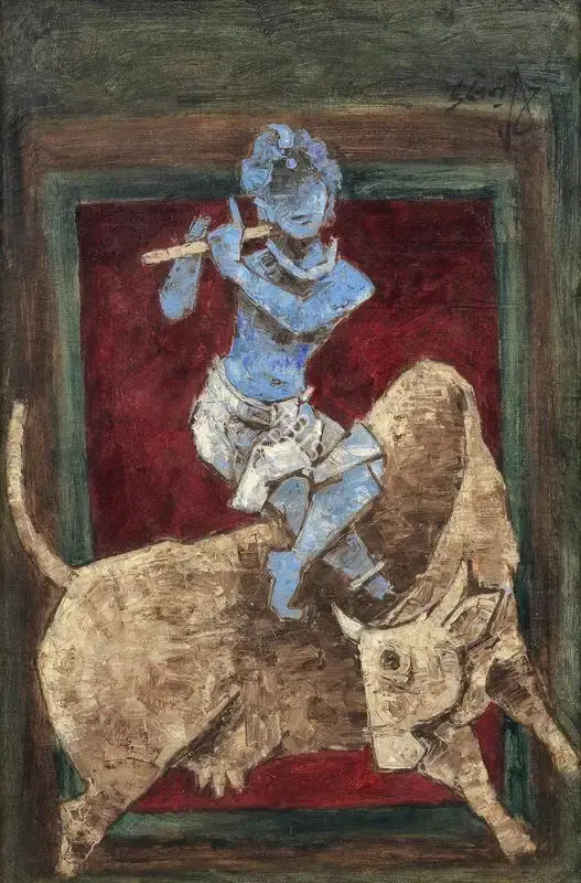 Husain, M.F. (Artist). Untitled (Blue boy atop Nandini), 1969 | Painting