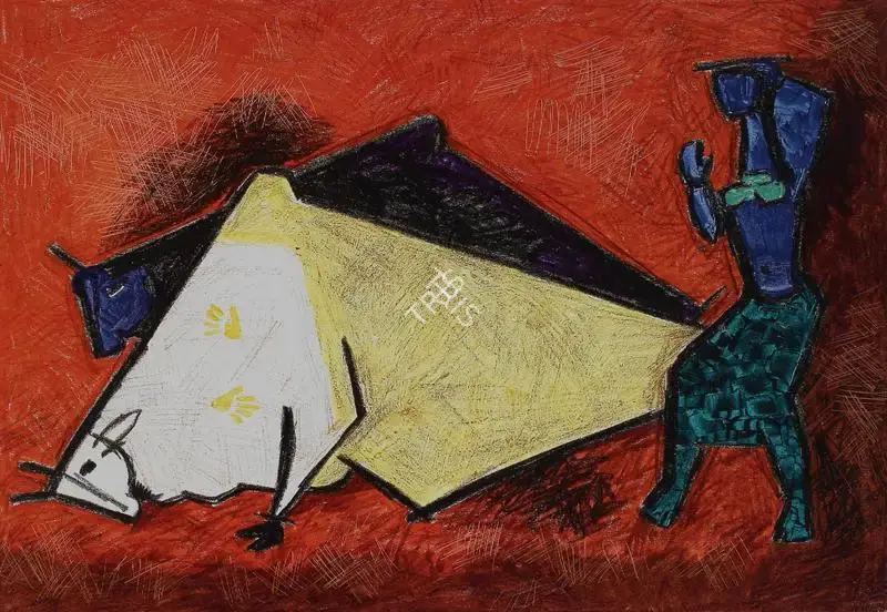 Husain, M.F. (Artist). Untitled (Figure With Bulls), n.d. | Painting