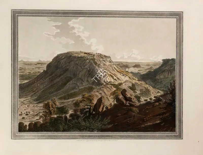 Edy, John William (Engraver). North-West view of Nandy-Droog. Print on paper, 01 November 1793 | Engraving, Twelve Views of Places in the Kingdom of Mysore, The Country of Tippoo Sultan, from Drawings Taken on the Spot, 1794 | ArcHeritage | 00156224