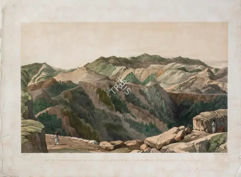 Picken, T. (Lithographer). The Mission Bungalow and School House, Theog, - The Forests of Mahassone and Phago in the distance - Sunrise., circa 1852 | Lithograph