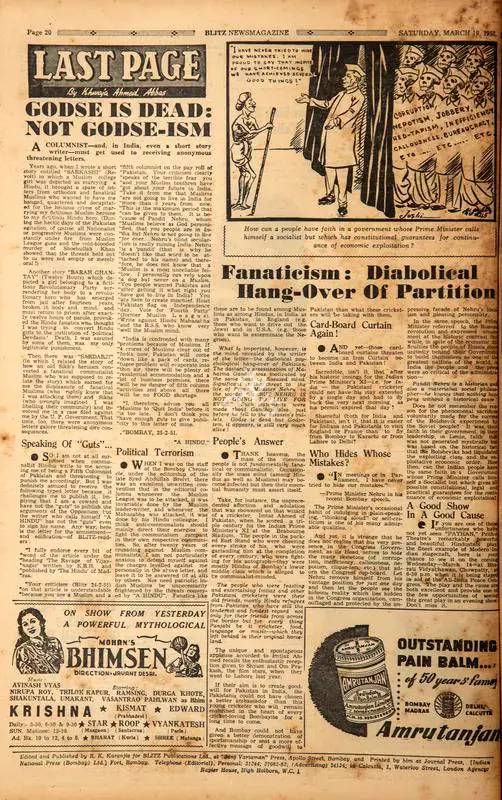 Abbas, Khwaja Ahmad (Columnist). Godse is Dead : Not Godse-ism. In Blitz - Asia's Foremost News Magazine. p. 20. Bombay: R.K. Karanjia, 10 March 1951 | Essay | CinemaEducation | 00464501