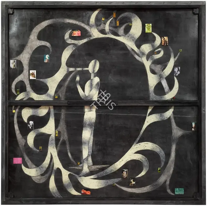 Dodiya, Atul (Artist). Krishna Swallowing Forest Fire. Oil, solder and museum magnets on steel and two steel stands, 2009-2010 | Graphic Art | FineArts | 00419172