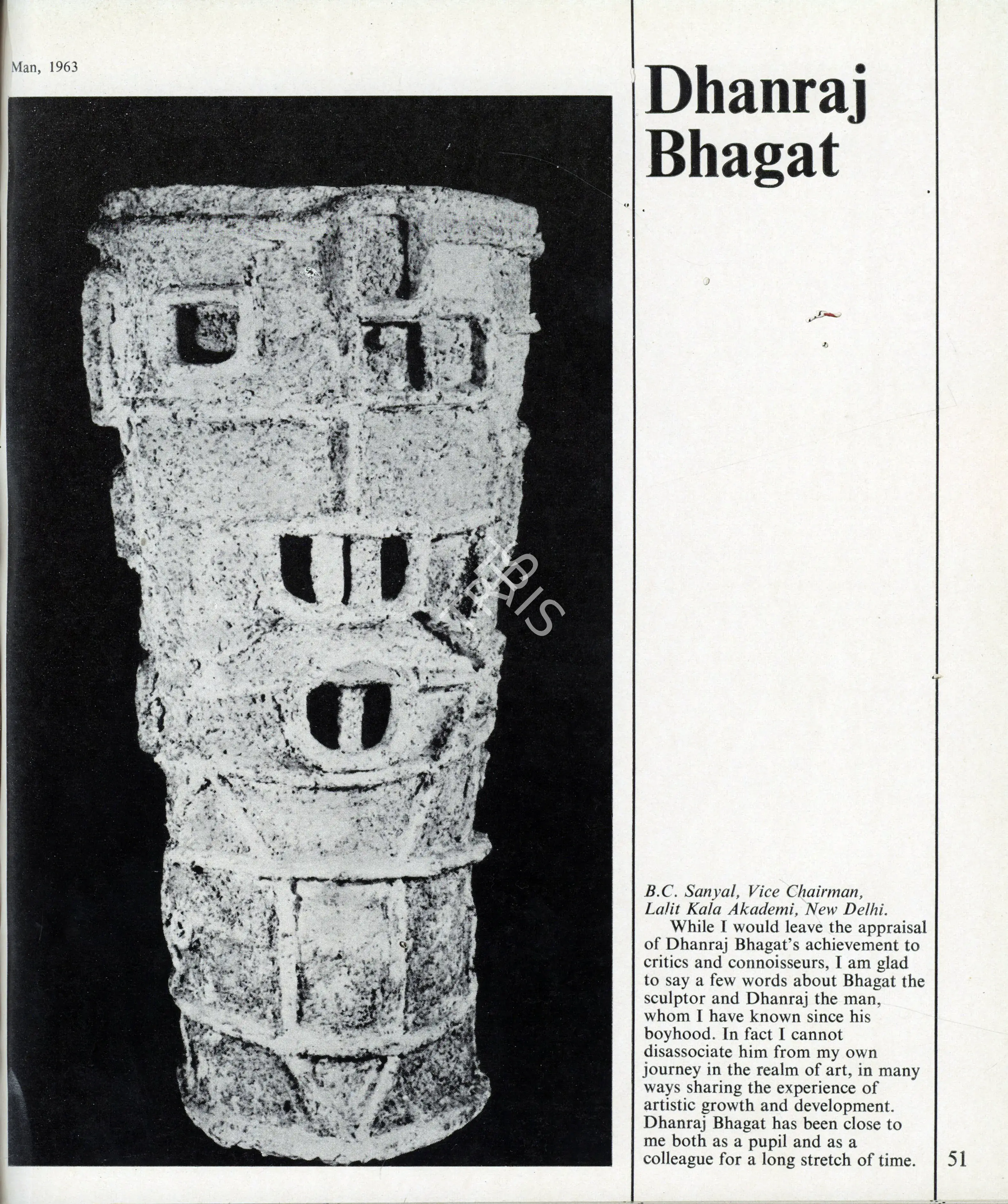 Sanyal, B.C. (Text by), Pran Nath Mago and S.S. Vasan. Dhanraj Bhagat. In Art Heritage. Season 2, pp. 51-58. New Delhi: Art Heritage, 1979 | Essay | FineArts | 00851655